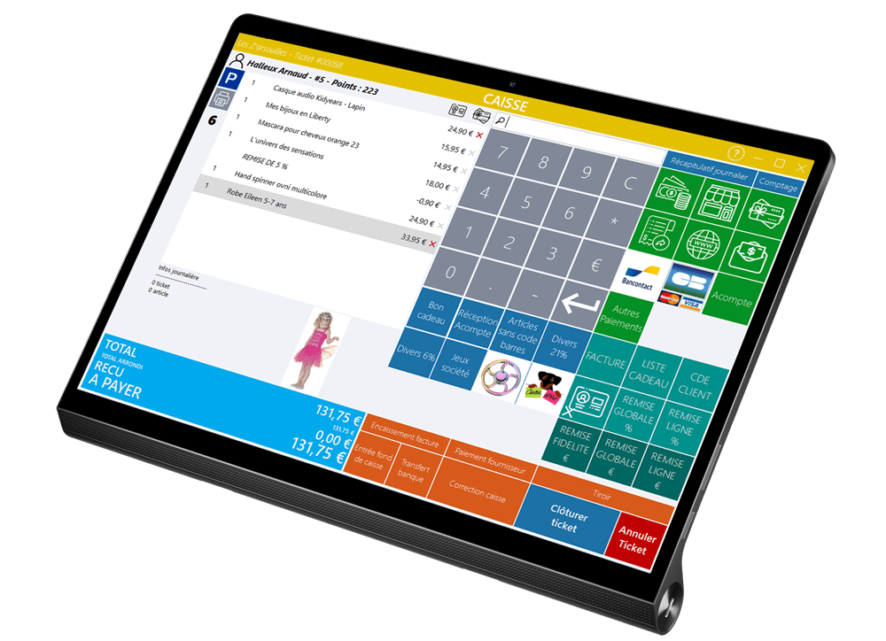 Logiciel de caisse fonctionnant affichant l'encaissement d'un client sur un écran tactile
