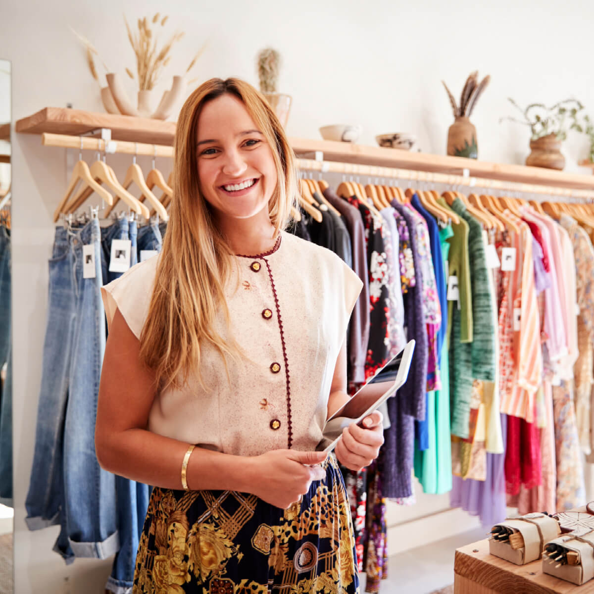 Illustration d'un magasin de vêtement ainsi que d'une conseillère en vente