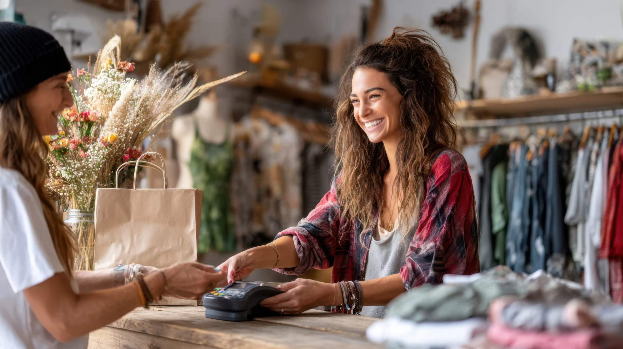 Femme souriante aux cheveux bouclés derrière un comptoir de magasin, aidant un client à payer, entourée de vêtements et d'éléments décoratifs dans une ambiance de magasin dynamique