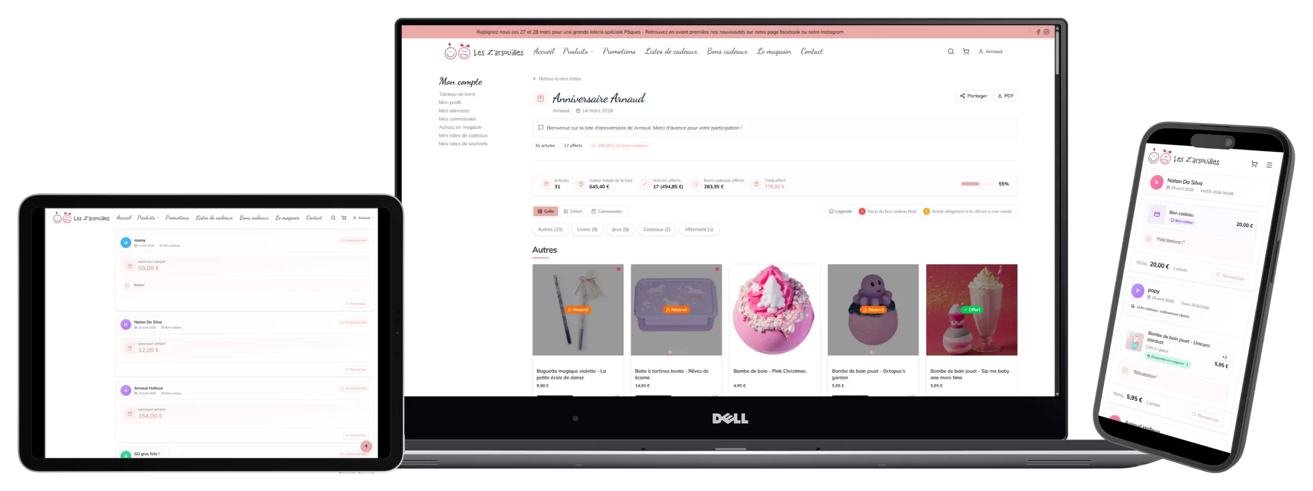 Espace client d'une liste de cadeaux affichant les articles offerts et les mots des proches, sur ordinateur et sur smartphone