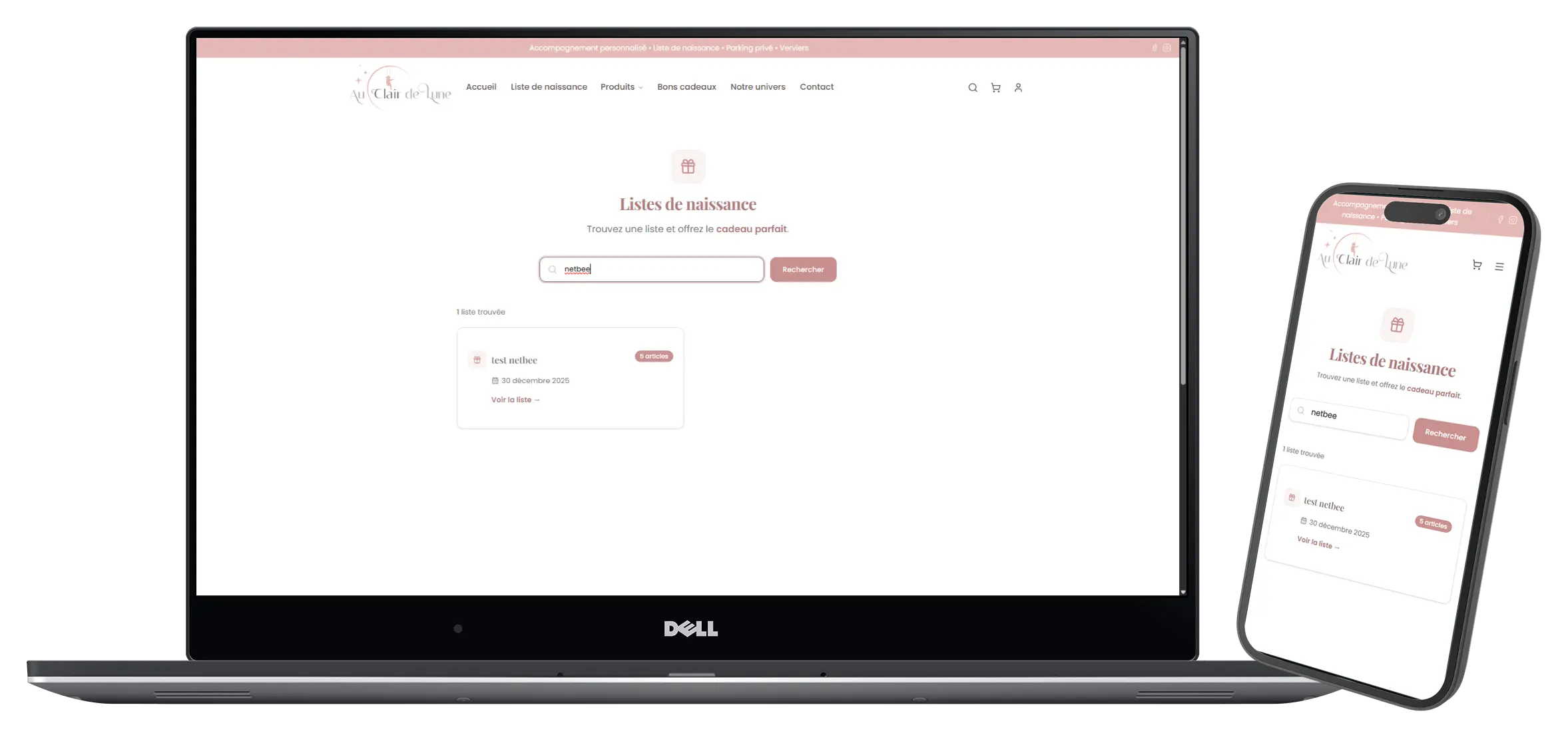 Liste de naissance publiée sur la boutique en ligne d'un magasin de puériculture, consultée sur ordinateur et sur smartphone