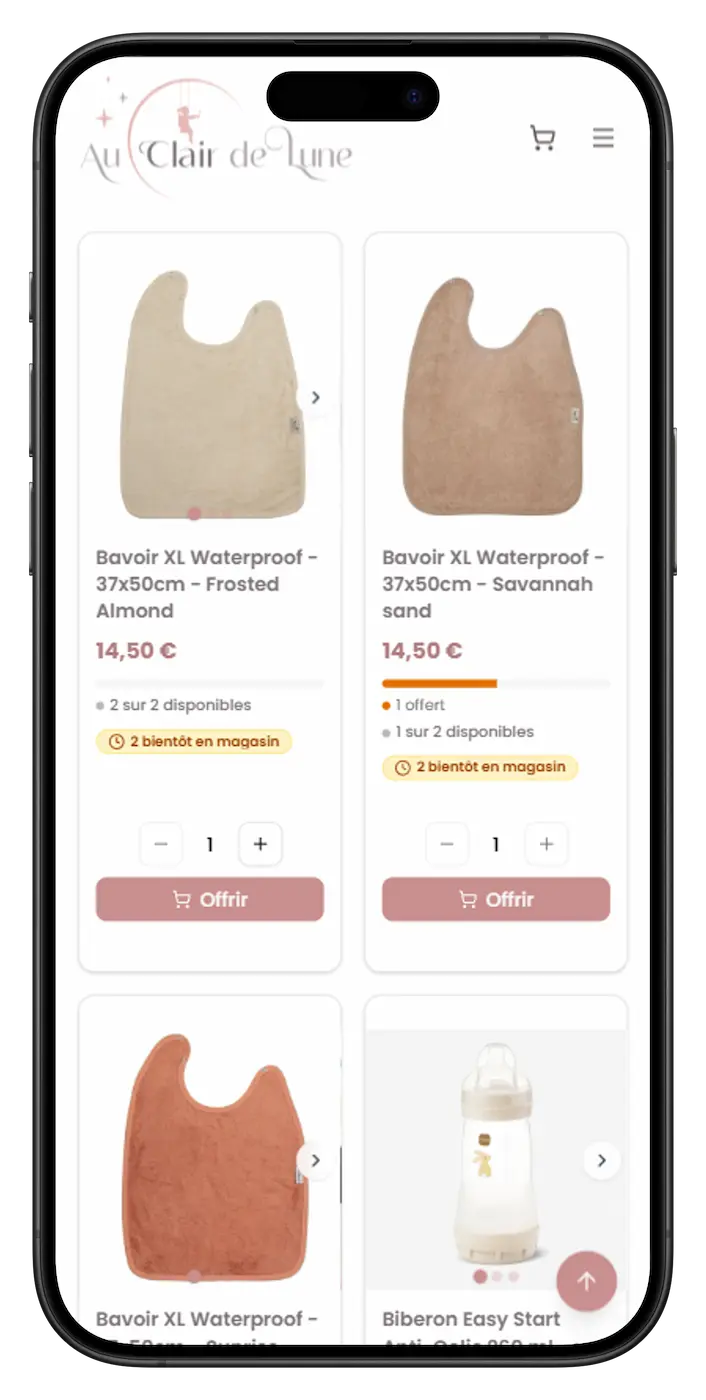 Statuts des articles d'une liste de naissance : offert, réservé, disponible en magasin