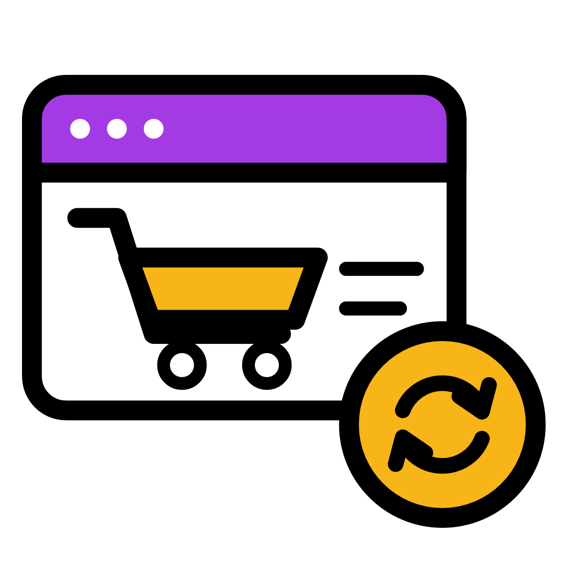 Boutique en ligne avec chariot et flèches de synchronisation : stock partagé avec la caisse